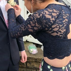 Navy Blue Flower Bottom Two Piece Prom Dress